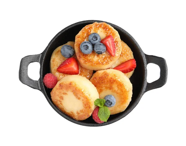 Delicious Cottage Cheese Pancake Fresh Berries Honey White Background Top — Stok Foto