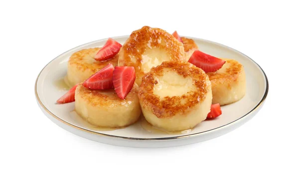 Delicious Cottage Cheese Pancakes Strawberries Honey White Background — Stock Photo, Image