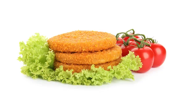 Delicious Fried Breaded Cutlets Cherry Tomatoes Lettuce White Background — Stock Photo, Image