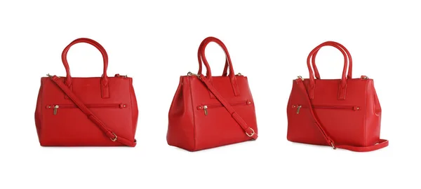 Set Con Elegantes Bolsos Rojos Para Mujer Sobre Fondo Blanco — Foto de Stock