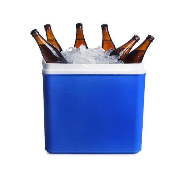 Blue Plastic Cool Box Ice Cubes Beer White Background — Stock Photo, Image