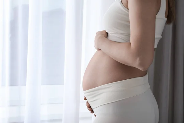 Zwangere Vrouw Bij Het Raam Thuis Close Ruimte Voor Tekst — Stockfoto