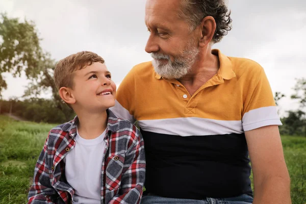 Cute Little Boy Grandfather Spending Time Together Park — Stock Photo, Image