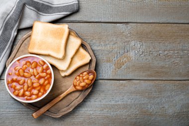 Kızarmış ekmekler ve ahşap masada nefis konserve fasulyeler, üst manzara. Metin için boşluk