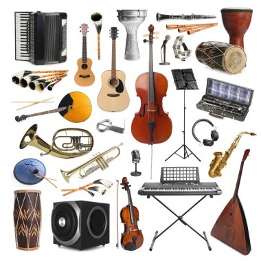 Beyaz arkaplanda farklı müzik aletleri koleksiyonu