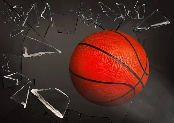 Баскетбольный Мяч Разбивает Стекло Сером Фоне — стоковое фото
