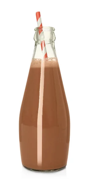 白で隔離されたガラス瓶の中のおいしいチョコレートミルク — ストック写真