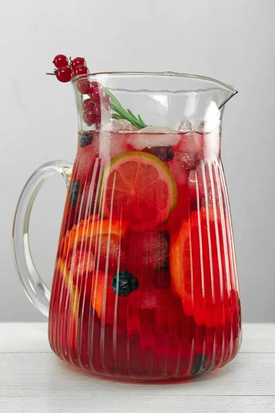 Glass Jug Red Sangria White Wooden Table Closeup — Stock Photo, Image