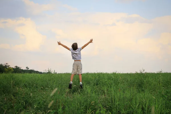 Kleine Jongen Het Veld Zonnige Dag Achteraanzicht Kinderen Die Tijd — Stockfoto