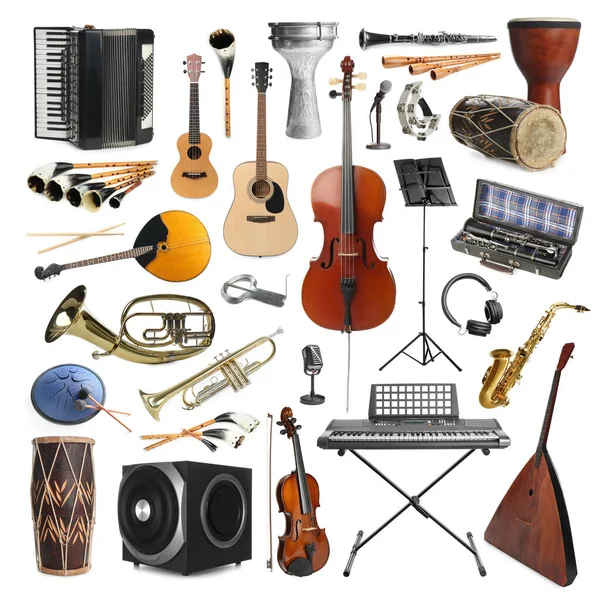 Collection Different Musical Instruments White Background — Stock Photo, Image