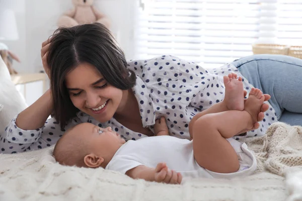 Mother Her Cute Baby Bed Home — Stock Photo, Image