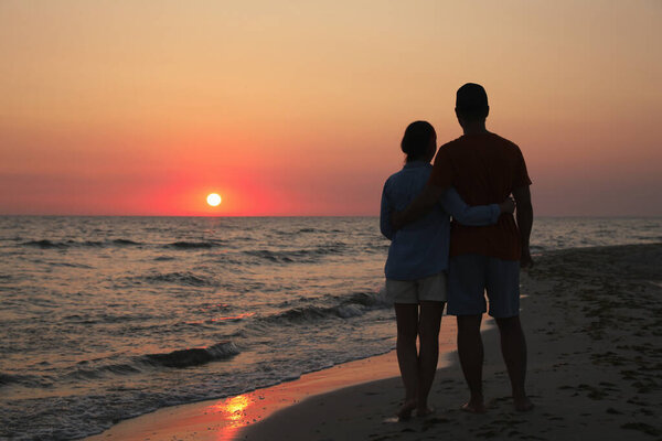 Couple spending time together on beach at sunset, back view
