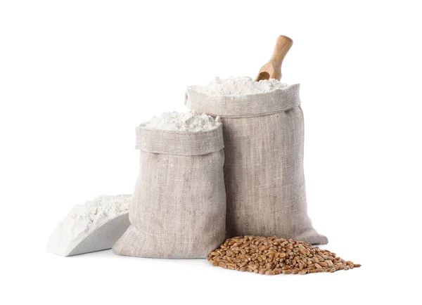 Sacks Flour Grains White Background — Stock Photo, Image