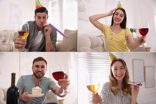 People Glassses Wine Having Online Party Home Quarantine Lockdown View — Stock Photo, Image