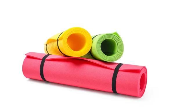 Colorful Rolled Camping Exercise Mats White Background — Stock Photo, Image