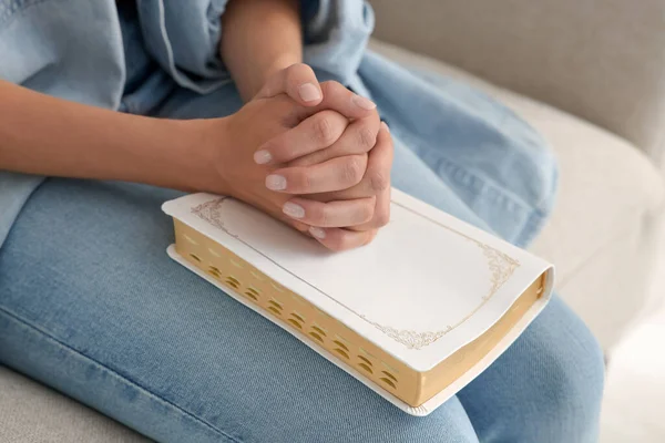 Religious Woman Bible Praying Indoors Closeup — Stock Photo, Image