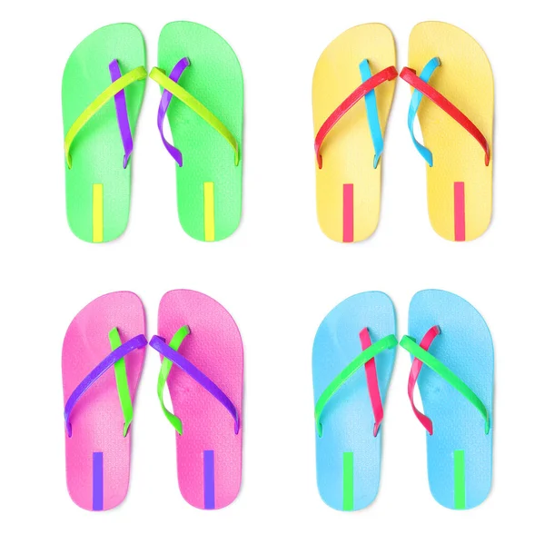 Set Mit Verschiedenen Bunten Flip Flops Auf Weißem Hintergrund Draufsicht — Stockfoto