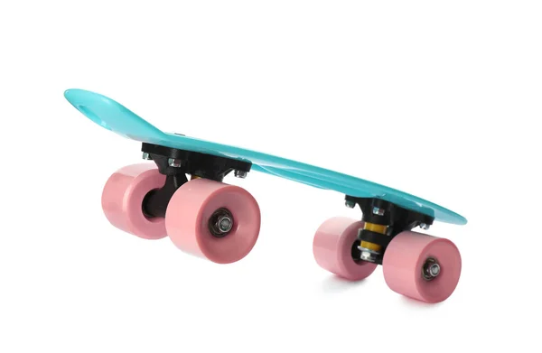 Skateboard Turchese Con Ruote Rosa Isolate Bianco Attrezzature Sportive — Foto Stock