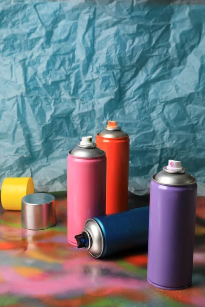 Cans Different Graffiti Spray Paints Color Background — Stock Photo, Image