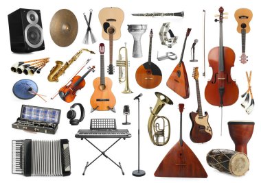 Beyaz arkaplanda farklı müzik aletleri koleksiyonu