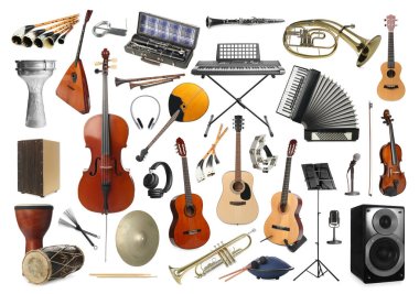 Beyaz arkaplanda farklı müzik aletleri koleksiyonu