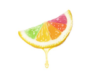 Beyaz arka planda gökkuşağı segmentleri olan taze limon dilimi. Hayatını aydınlat.