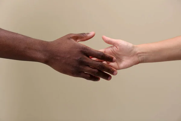 Woman African American Man Shaking Hands Beige Background Closeup — Stock Photo, Image