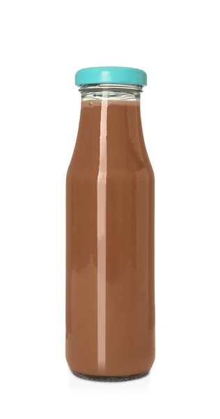 Susu Cokelat Lezat Dalam Botol Kaca Diisolasi Atas Putih — Stok Foto
