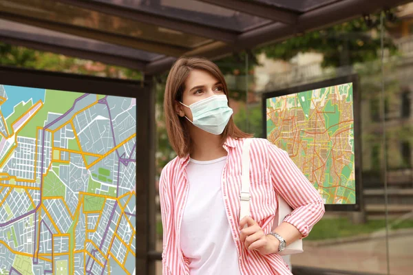 Young Woman Protective Mask Waiting Public Transport Bus Stop — Stock Photo, Image