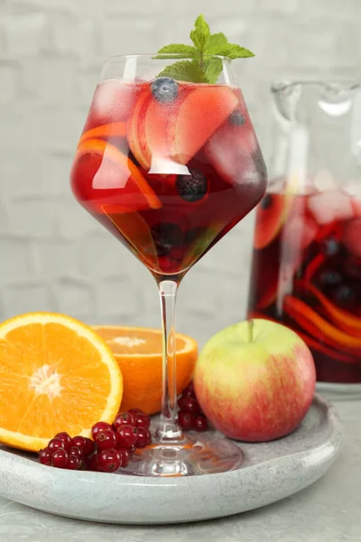 Glass Red Sangria Fruits Table White Brick Wall — Stock Photo, Image