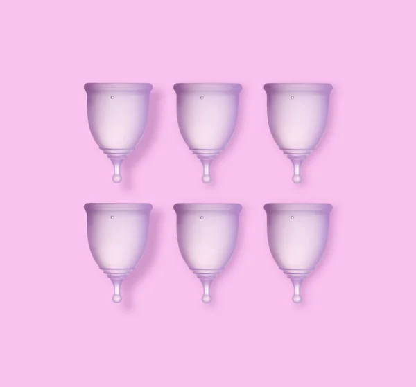 Многие Фиолетовые Менструальные Чашки Розовом Фоне Плоский Лежал — стоковое фото