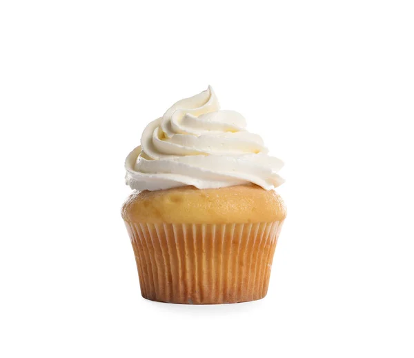 Köstliche Cupcake Mit Sahne Isoliert Auf Weiß Dekoriert — Stockfoto