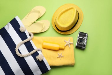 Açık yeşil zemin üzerinde plaj aksesuarları olan şık bir çanta.