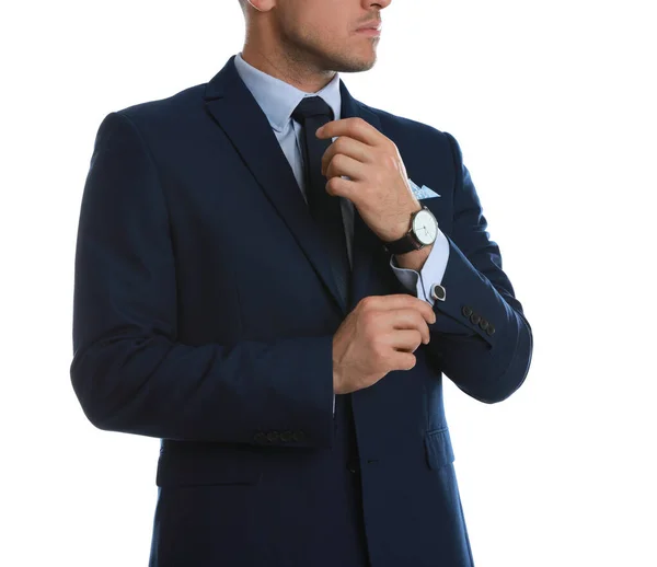 Stylish Man Putting Cufflink White Background Closeup — Stock Photo, Image