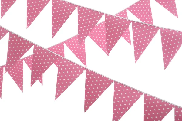 Linhas Bandeiras Bunting Triangulares Fundo Branco Decoração Festiva — Fotografia de Stock