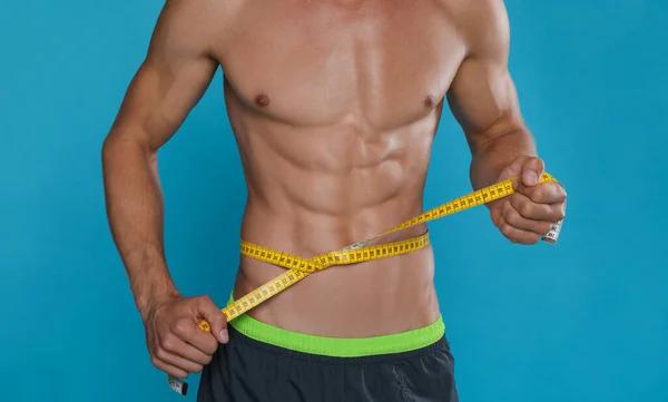 Shirtless Man Slim Body Measuring Tape His Waist Light Blue — Stock Photo, Image