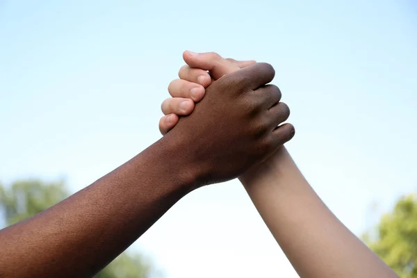 Closeup View Men Clasping Hands Outdoors — Stock Photo, Image