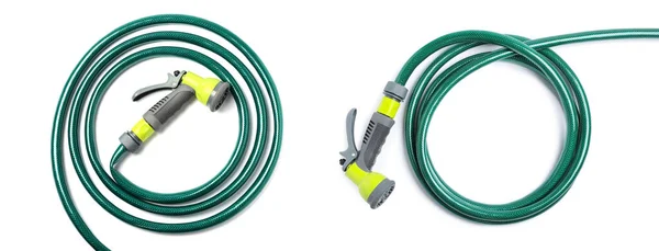 Green Rubber Watering Hoses White Background Top View Banner Design — Stock Photo, Image