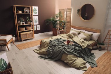 Geniş konforlu yatağı ve saksısı olan şık bir iç mekan.