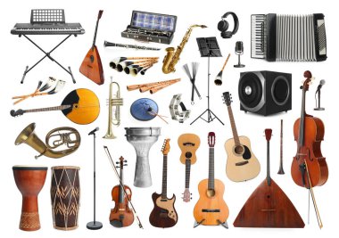 Beyaz arkaplanda farklı müzik aletleri koleksiyonu