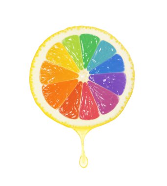 Beyaz arka planda gökkuşağı segmentleri olan taze limon dilimi. Hayatını aydınlat.