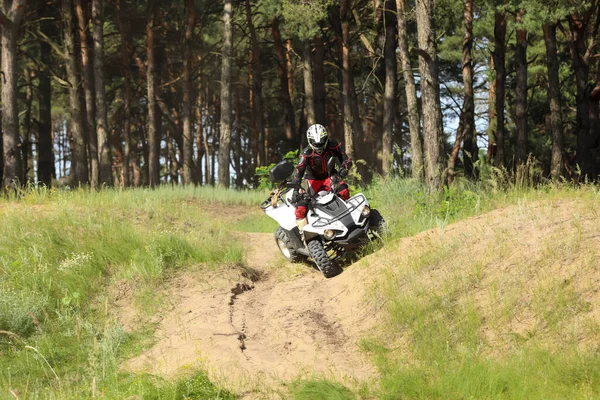 森の近くの砂の道で現代のクワッドバイクを運転する男 極端なスポーツ — ストック写真