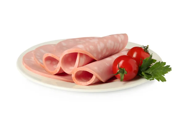 Scheiben Köstlicher Kochwurst Mit Petersilie Und Tomaten Auf Weißem Hintergrund — Stockfoto