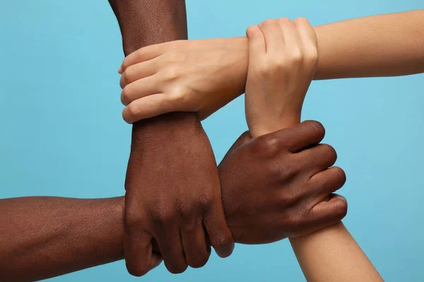 Woman African American Man Joining Hands Together Light Blue Background — Stock Photo, Image