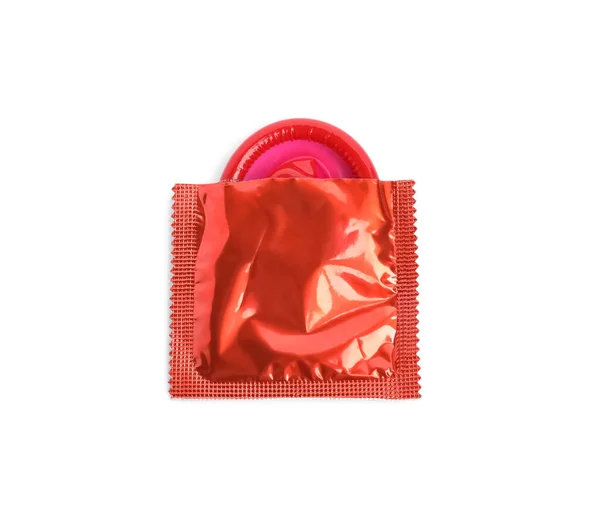 Preservativo Vermelho Desembalado Isolado Vista Superior Branca Sexo Seguro — Fotografia de Stock