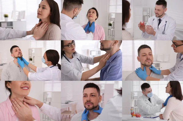 Prevention thyroid diseases. Collage with different photos of doctor and patient