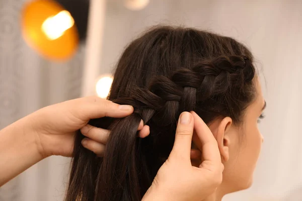 Professional Stylist Braiding Client Hair Blurred Background Closeup — Stock Photo, Image