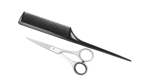 New Scissors Comb White Background Top View Professional Tool Haircut — Stock Photo, Image