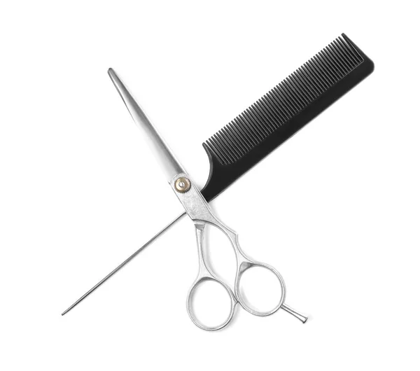 Profesionální Kadeřnické Nůžky Černý Hřeben Izolované Bílém Pohled Shora Haircut — Stock fotografie