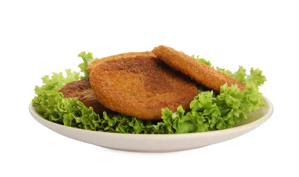 Assiette Délicieuses Escalopes Panées Frites Avec Laitue Isolée Sur Blanc — Photo